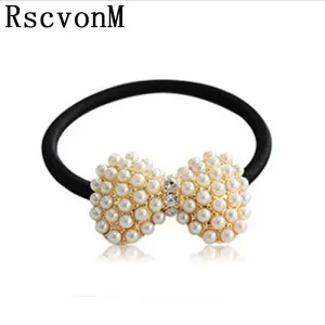 1 X Women Crystal Rhinestone Pearl Hairband Rope Elastic Ponytail Holder Bowknot Hair Band Accessories C338