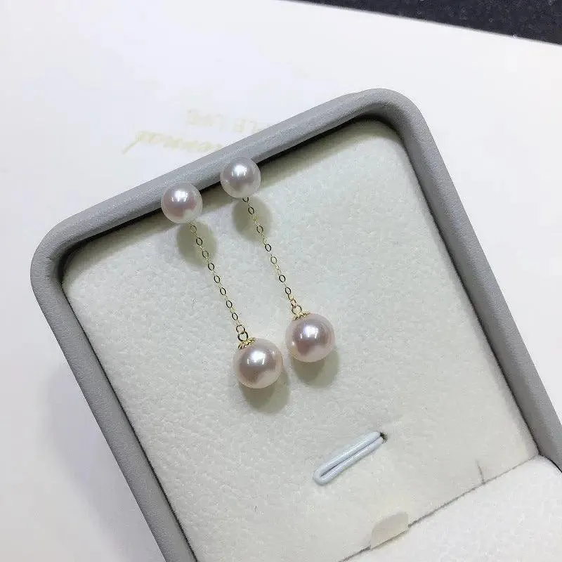 18K Gold Double Pearl Ball Drop Earrings