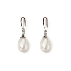 9ct White Gold Pearl And Diamond Drop Earrings GE2075W