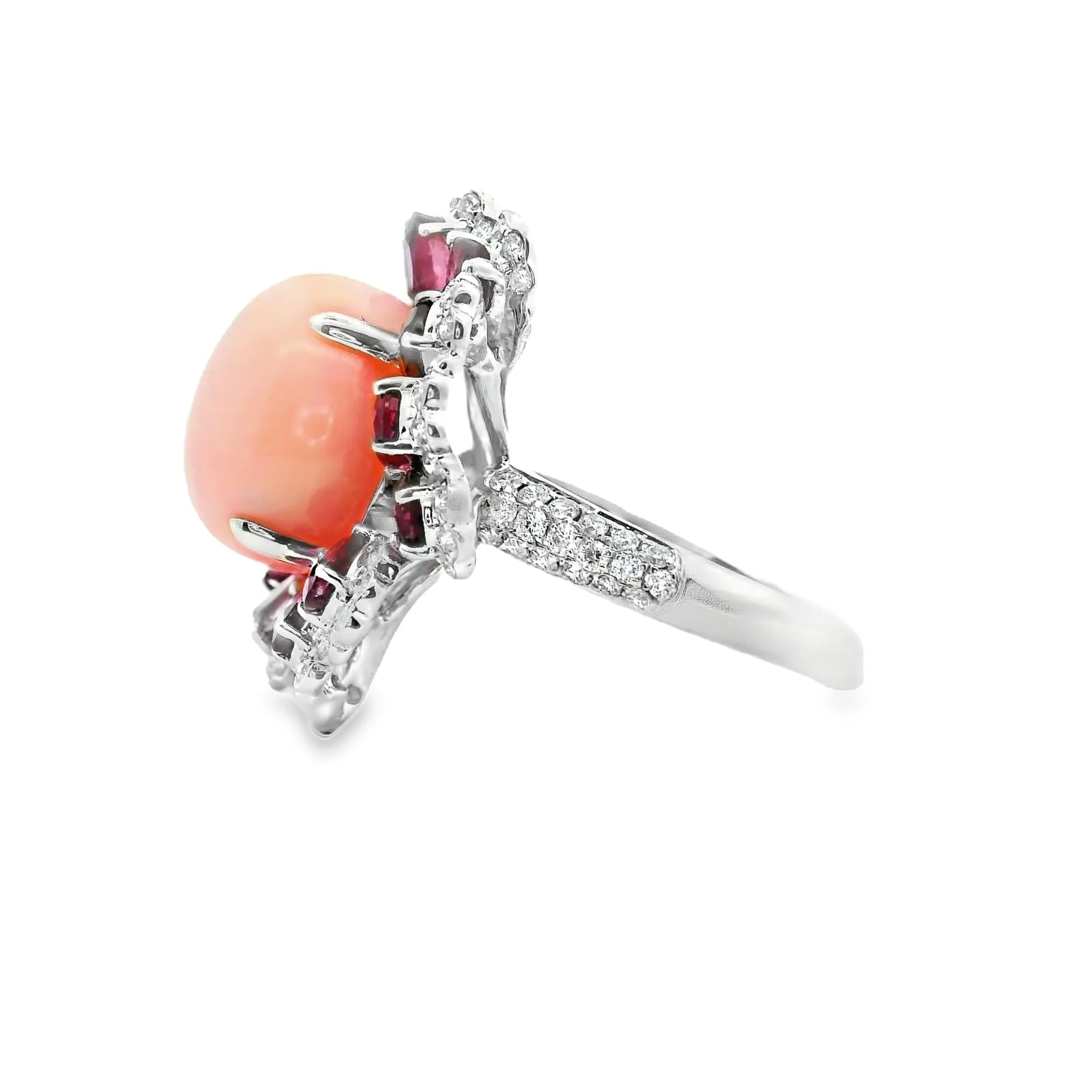 Angel Skin Coral Ruby Diamond 18k White Gold Floral Cocktail Ring