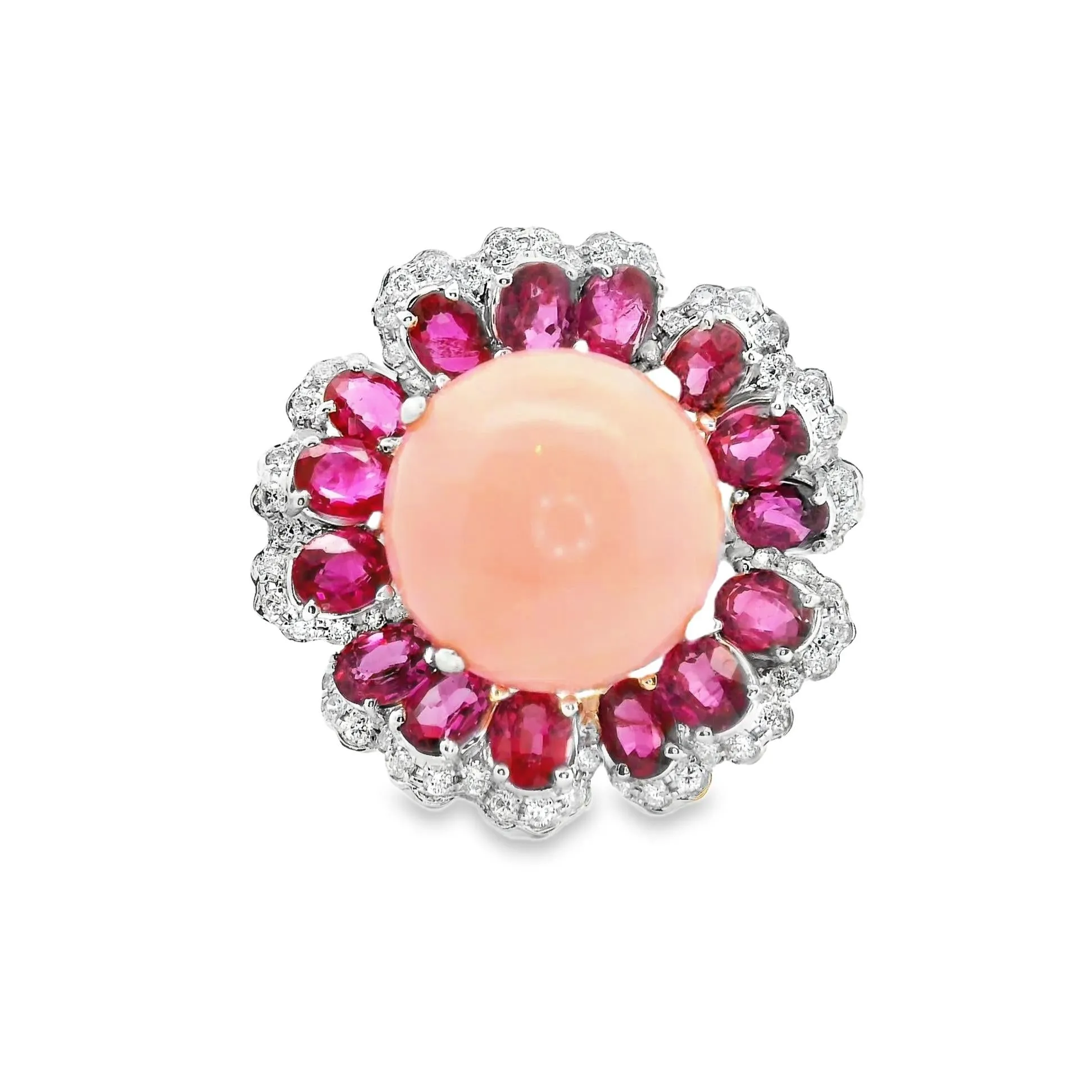 Angel Skin Coral Ruby Diamond 18k White Gold Floral Cocktail Ring