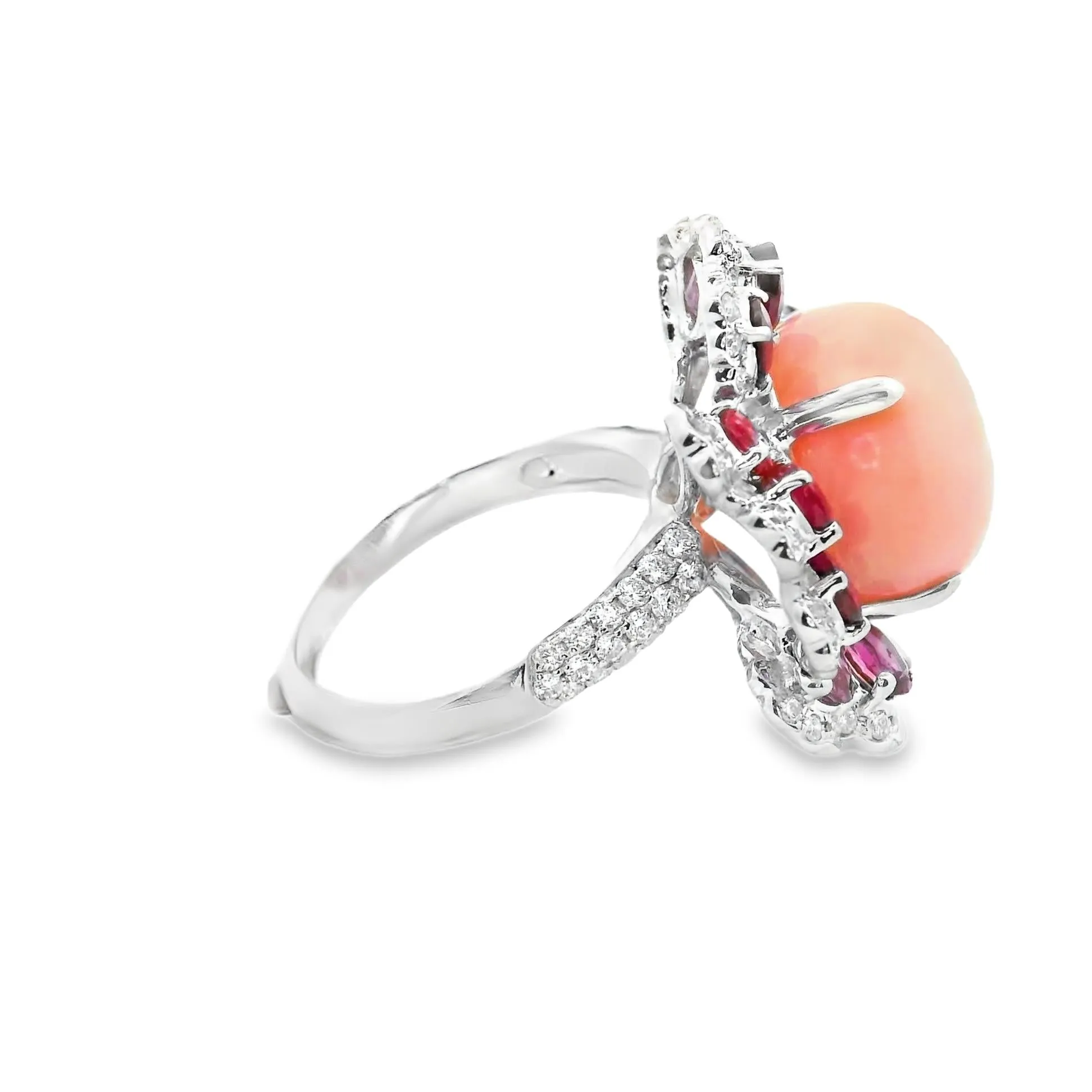 Angel Skin Coral Ruby Diamond 18k White Gold Floral Cocktail Ring