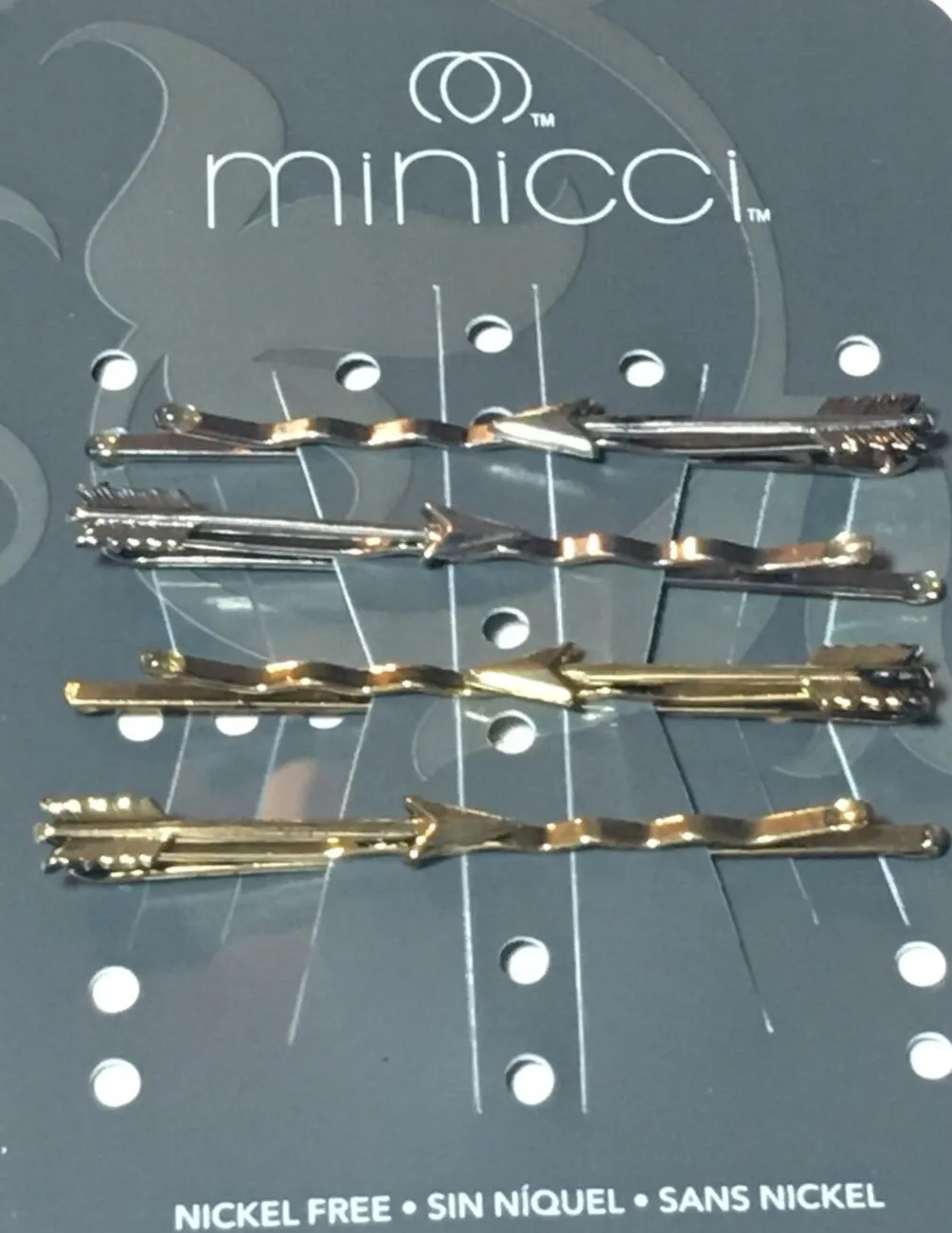 Arrow Bobby Pins "Straight Shooter" Two Silver Two Gold Arrows Bobbypins On Black Leather