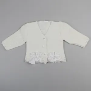 Baby Girls Knitted Cardigan with Lace Trim - White