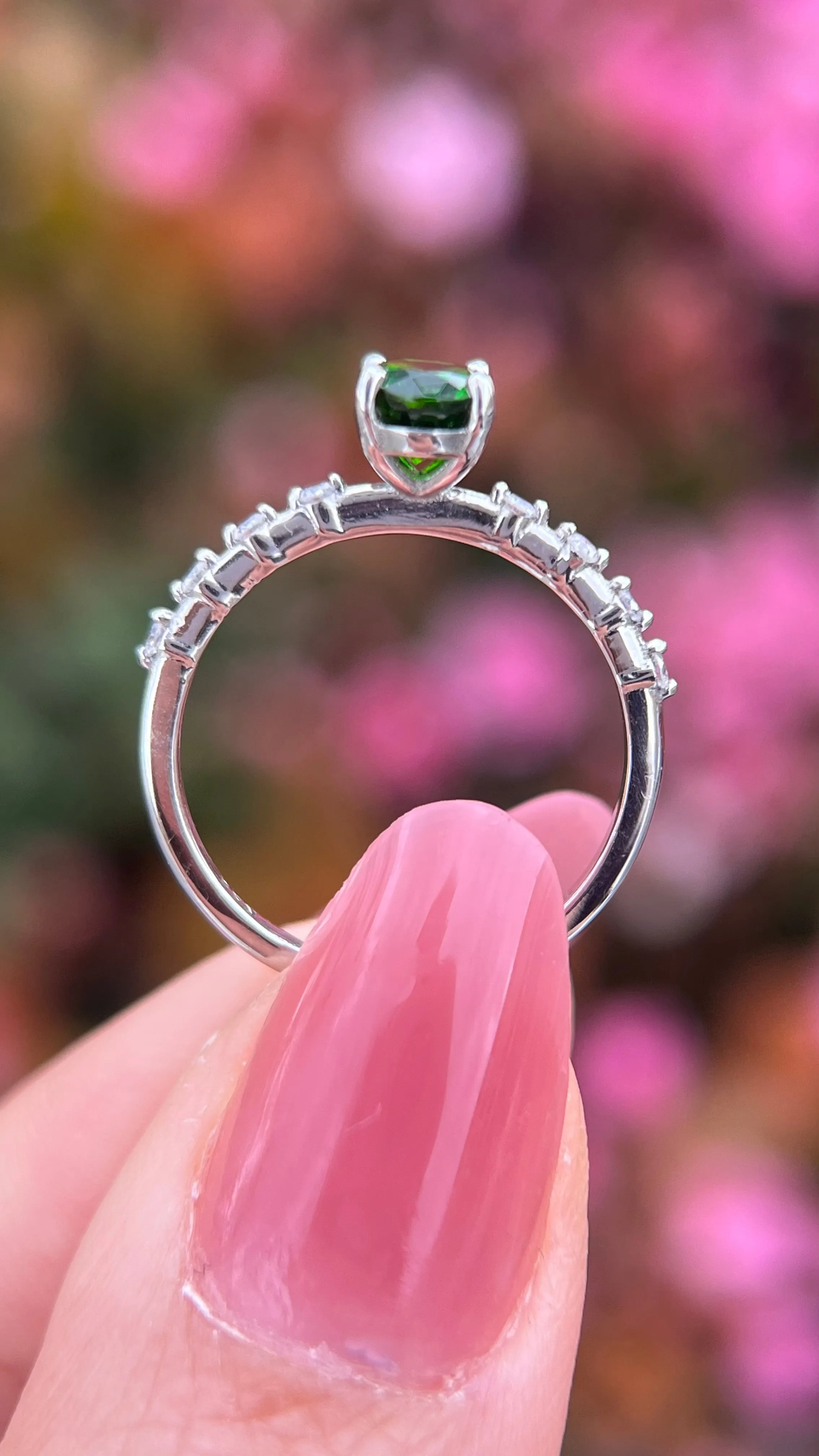 Bella 7x5mm 0.70ct Oval Chrome Diopside Spaced Diamond Ring 14K Gold DFR063