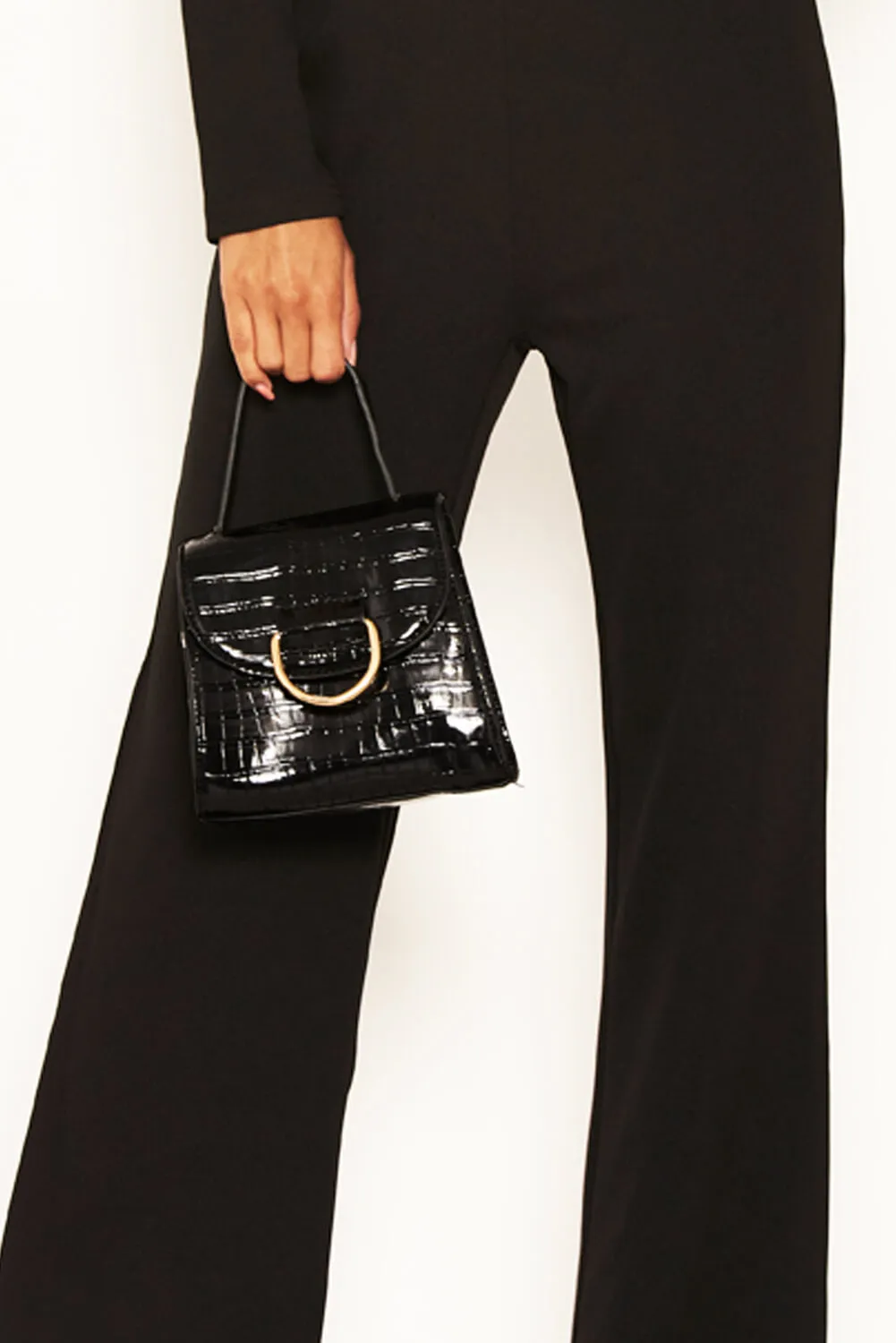 Black Croc Mini Patent Bag With Gold Ring