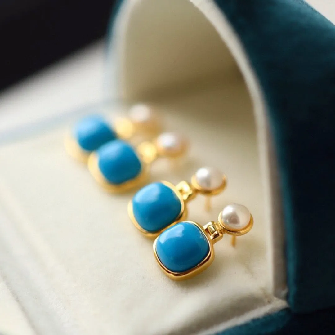 Blue Turquoise and Freshwater Pearl Drop Earrings