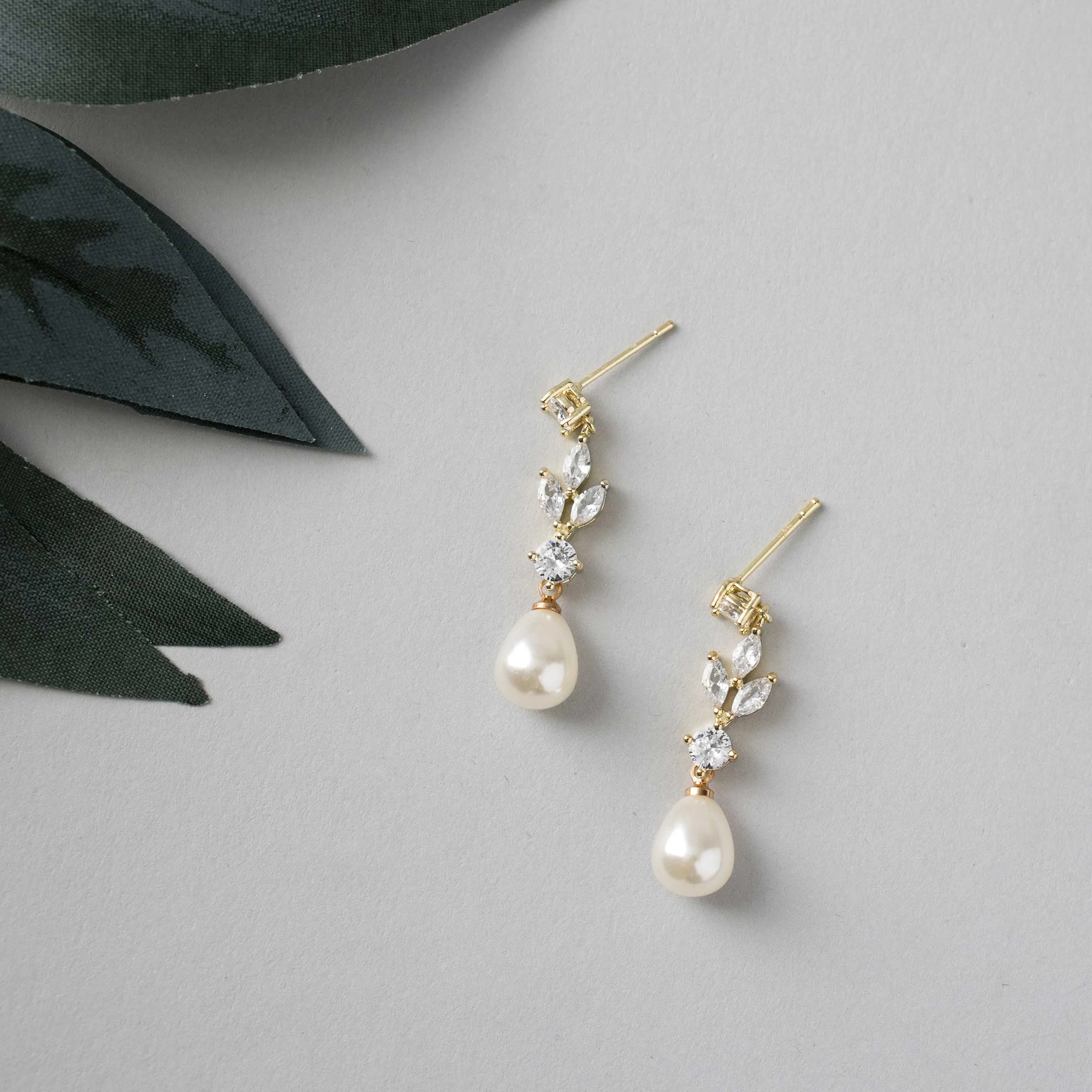 Bridal Earrings of Teardrop Pearls and CZ