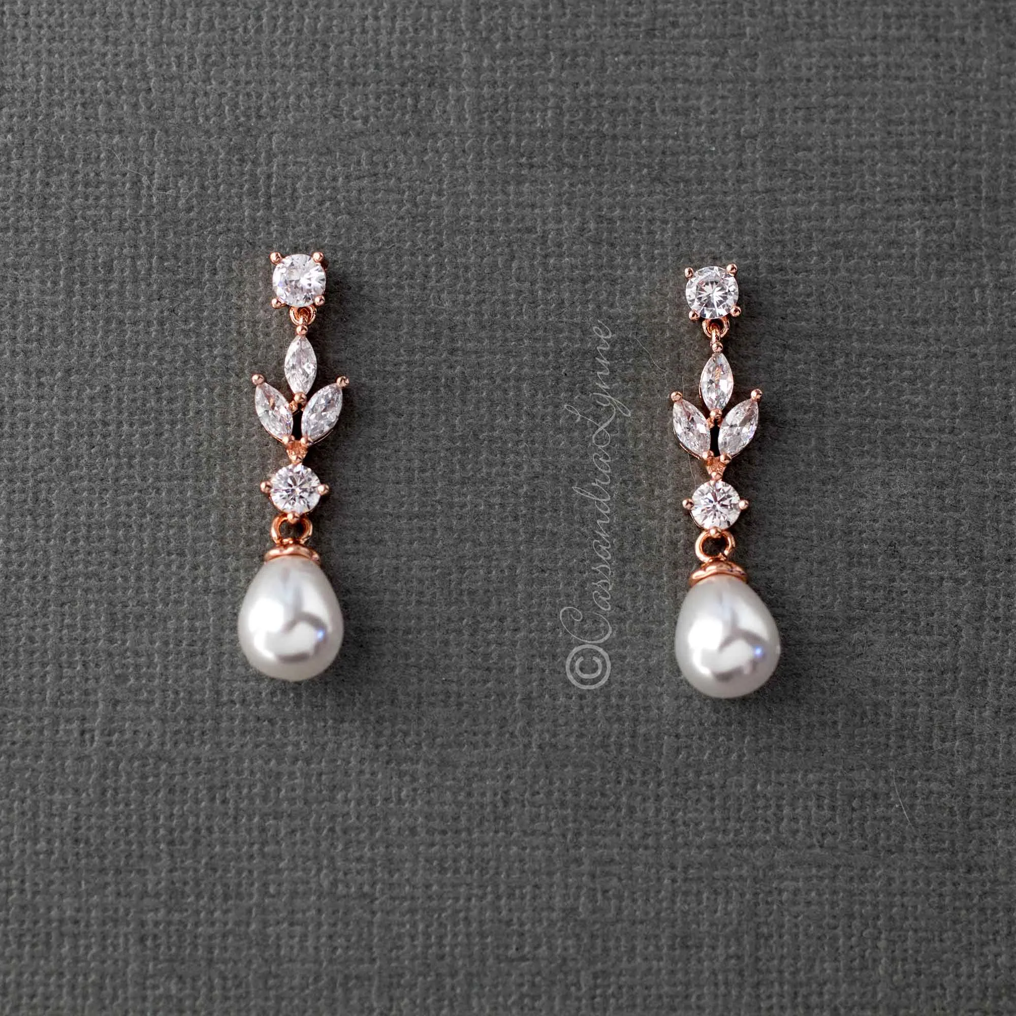 Bridal Earrings of Teardrop Pearls and CZ