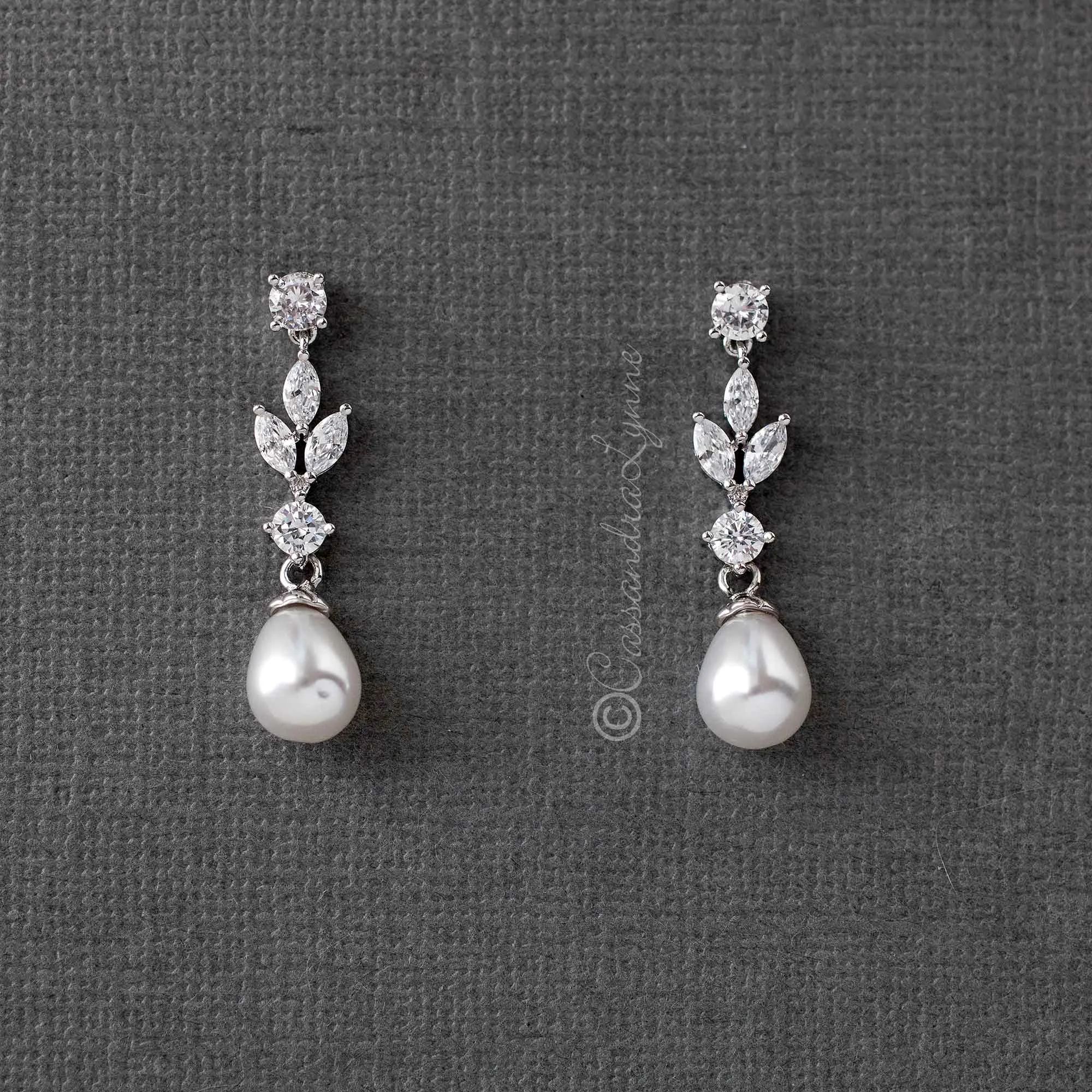 Bridal Earrings of Teardrop Pearls and CZ