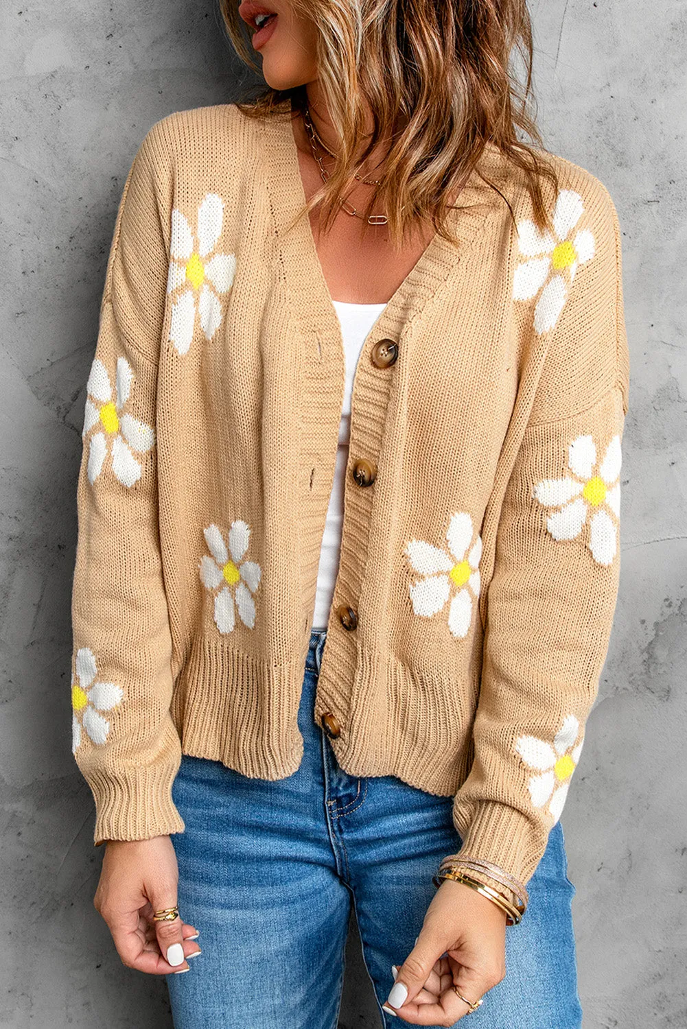 Daisy Pattern Knit Button Front Cardigan