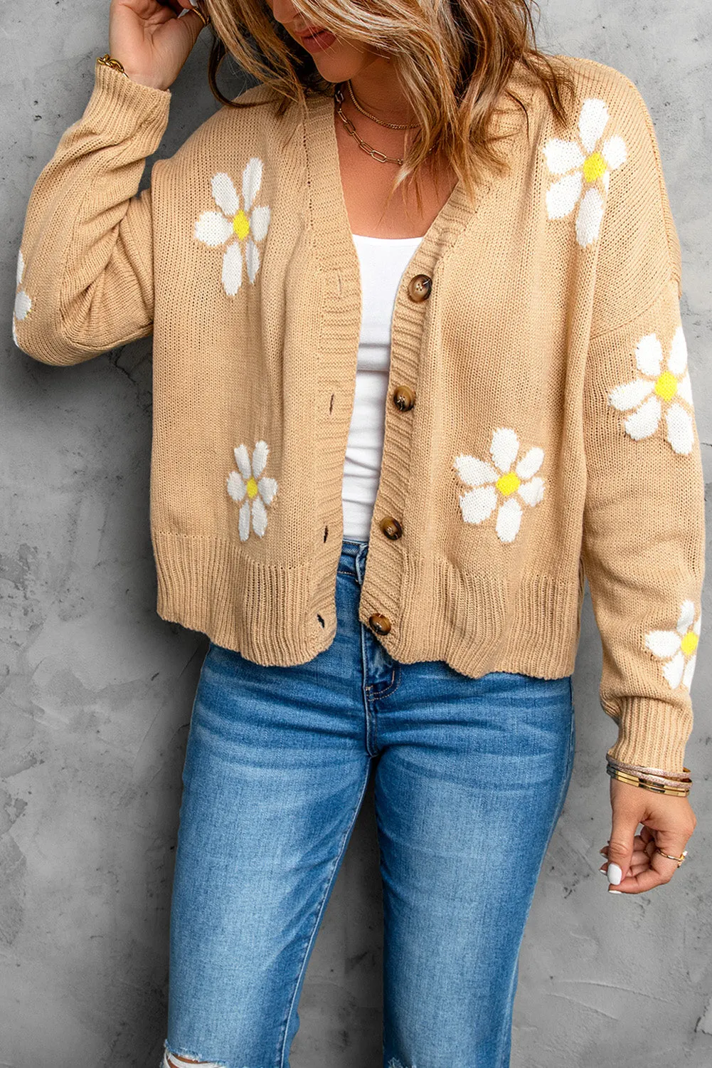 Daisy Pattern Knit Button Front Cardigan