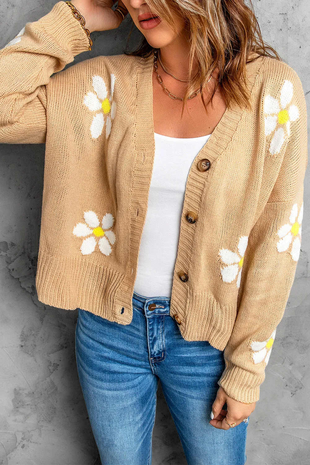 Daisy Pattern Knit Button Front Cardigan