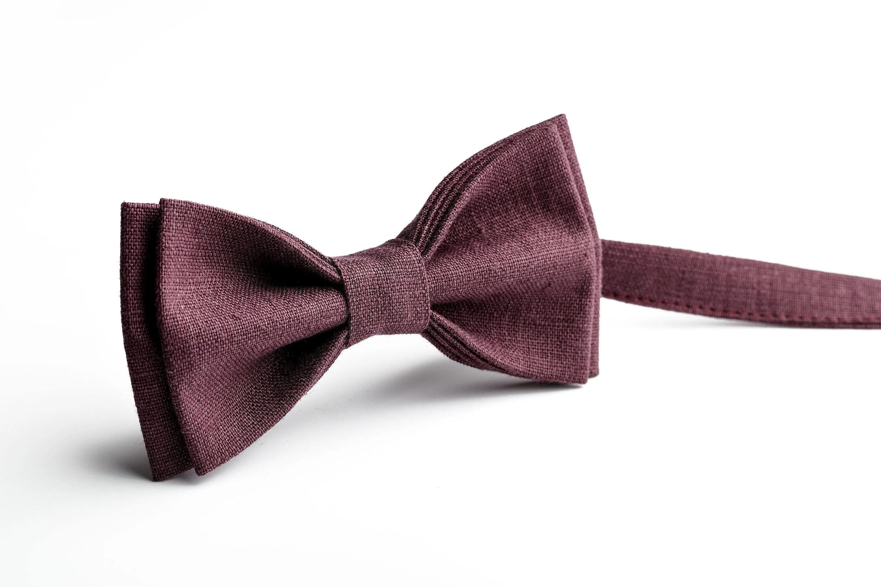 Eggplant Color Linen Wedding Bow Ties for Men and Kids | Complete with Matching Pocket Square - Ideal Gifts for Groomsmen and Ring Bearer