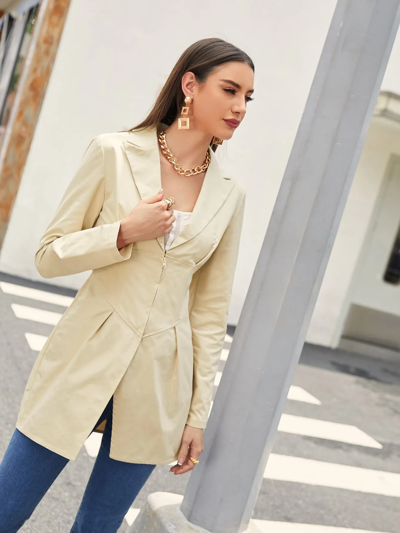 Elegant Plain Zipper Long Sleeve Lapel Long Women Blazer