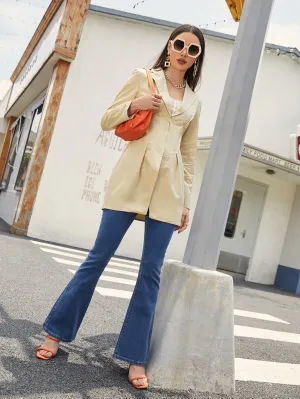 Elegant Plain Zipper Long Sleeve Lapel Long Women Blazer