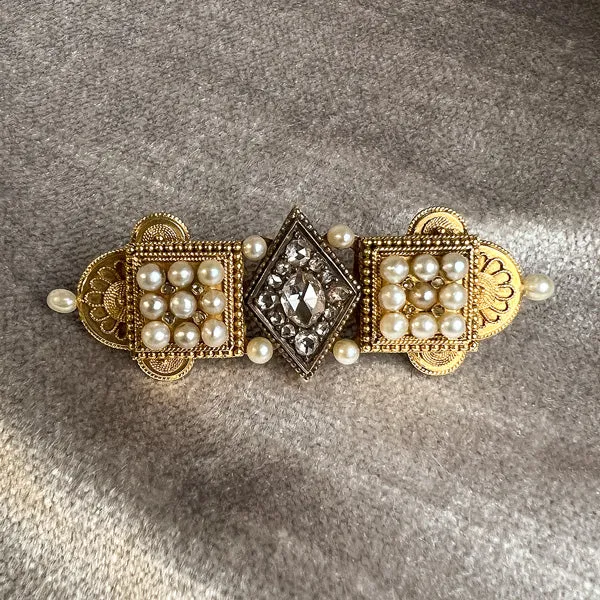 Etruscan Revival Diamond & Pearl Pin