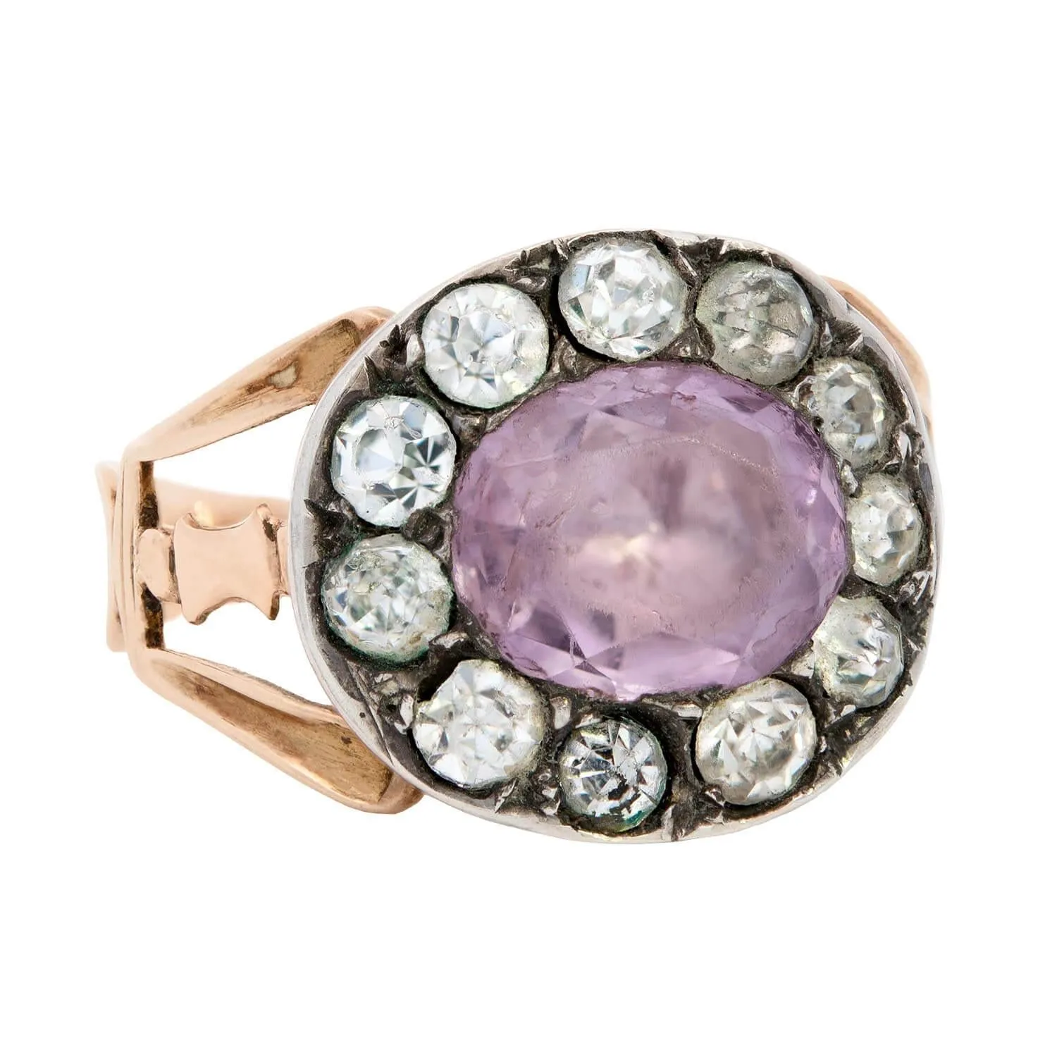 Georgian 12k Pink Amethyst and White Paste Halo Ring