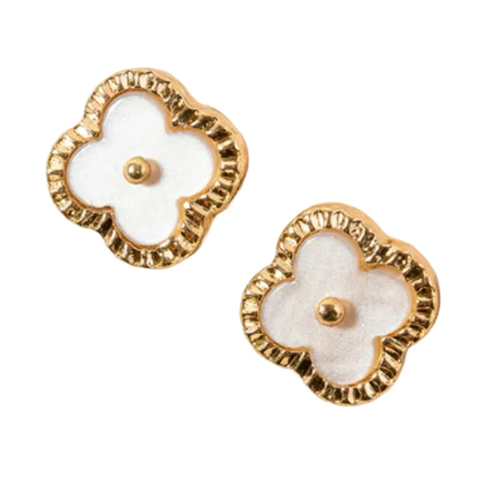 Gold & Pearl Inlay Floral Stud Earrings