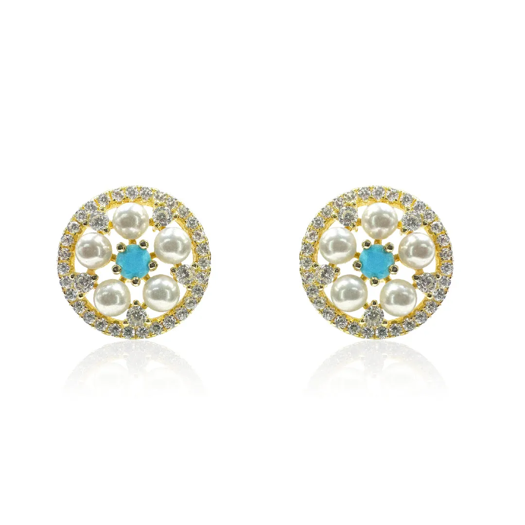 Gold Plated Round Earrings with Pearls & CZ Stones & Turquoise Stones