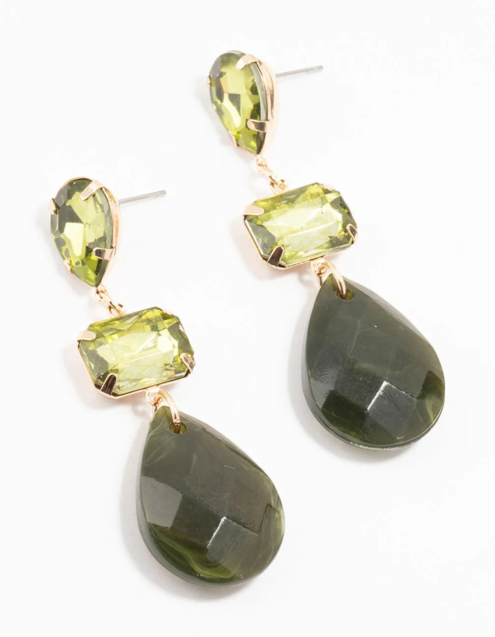 Gold Rectangular Green Diamante Drop Earrings