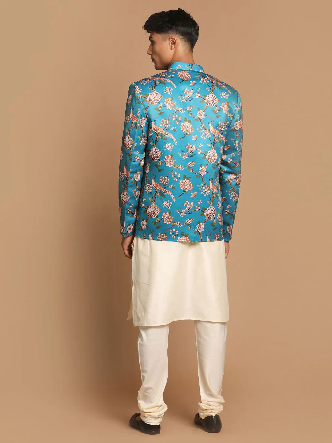 Jashvi Men's Turquoise Silk Blend Jodhpuri With Cream Viscose Rayon Kurta Pyjama Set