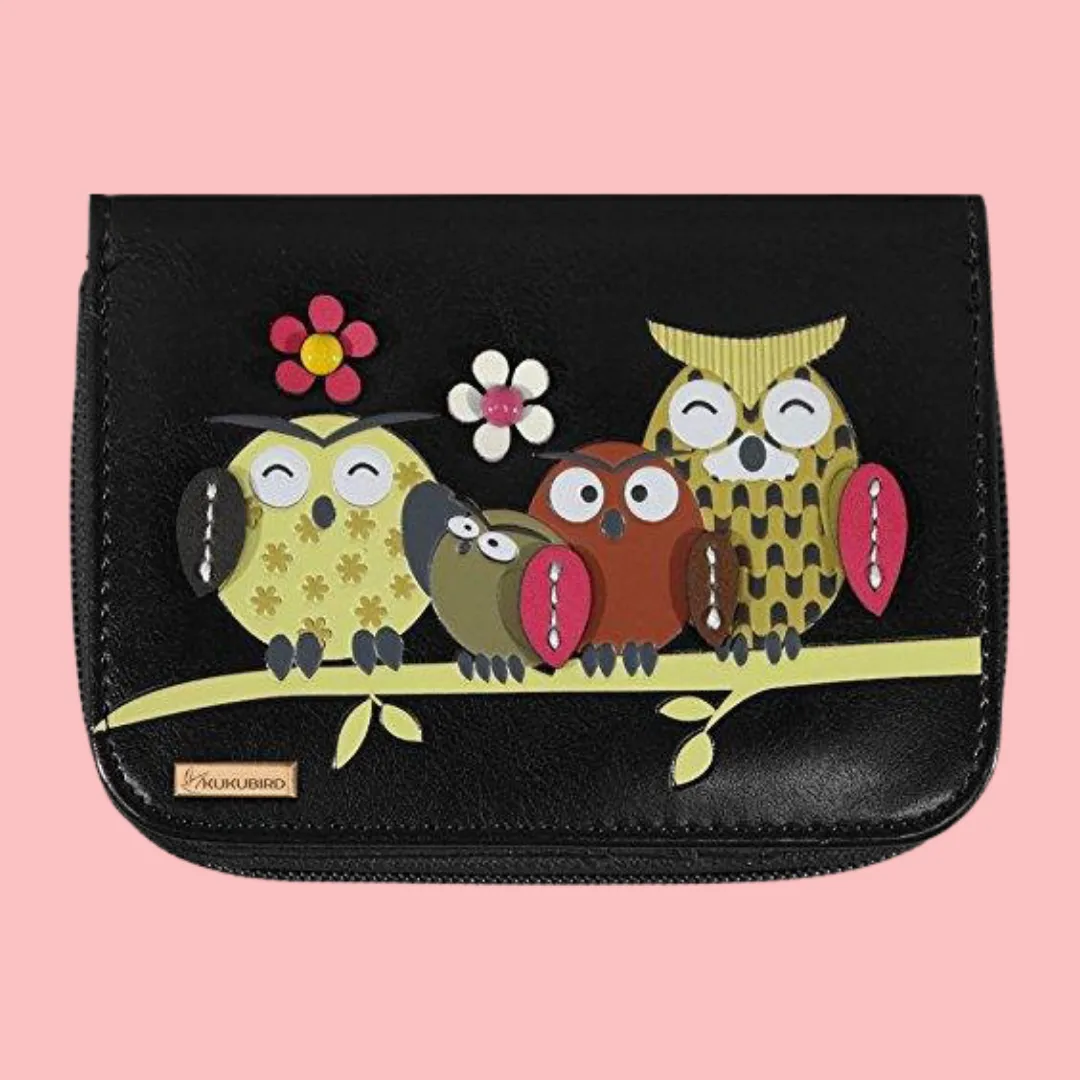 Kukubird Medium Purse Owl Feature Embroidery Patch Family Tree - Black