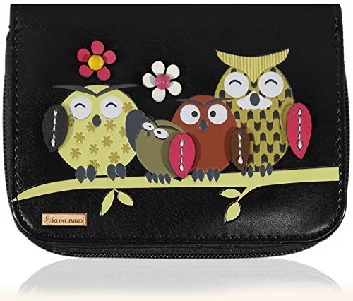 Kukubird Medium Purse Owl Feature Embroidery Patch Family Tree - Black