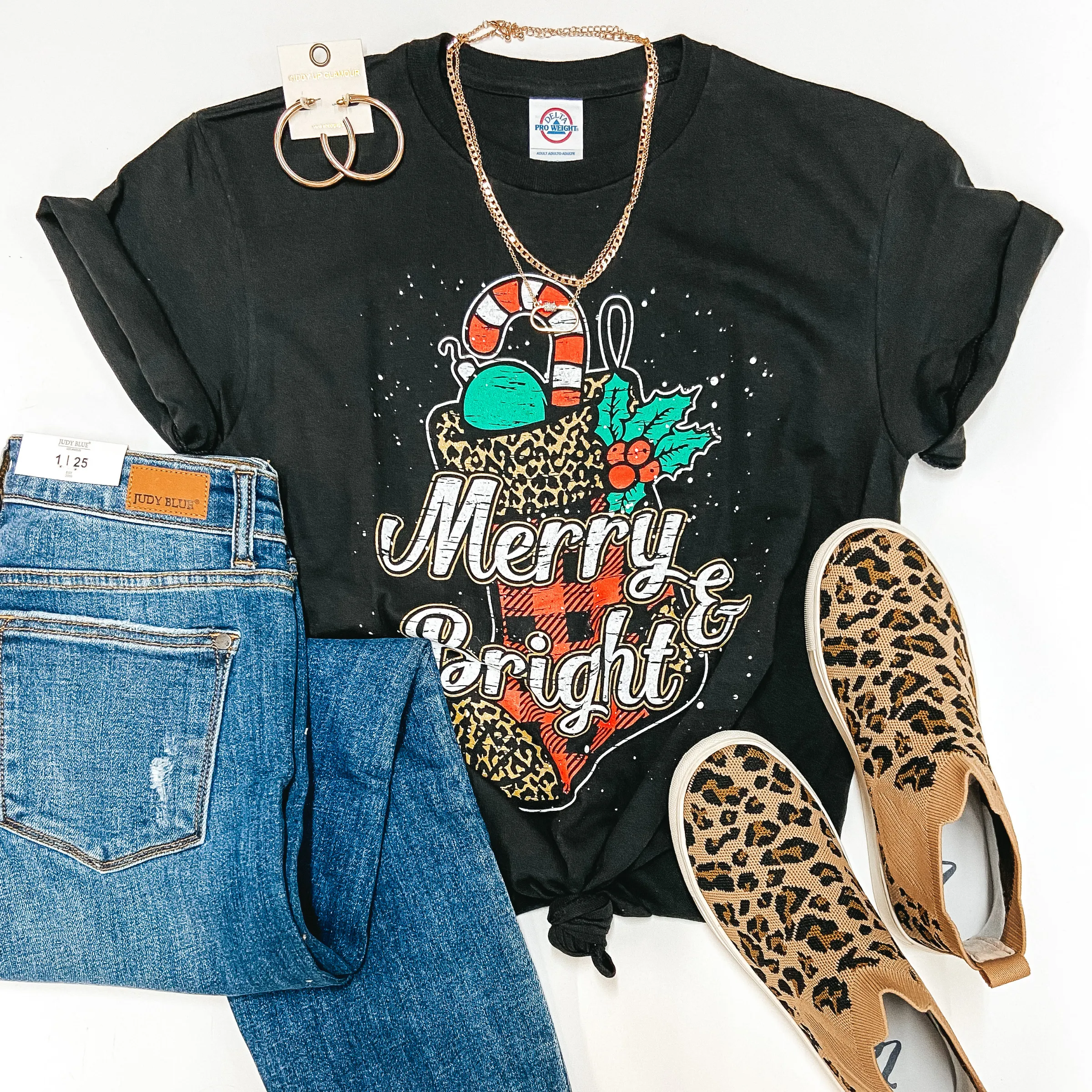 Last Chace Size Small & Med. | Merry and Bright Short Sleeve Graphic Tee in Black