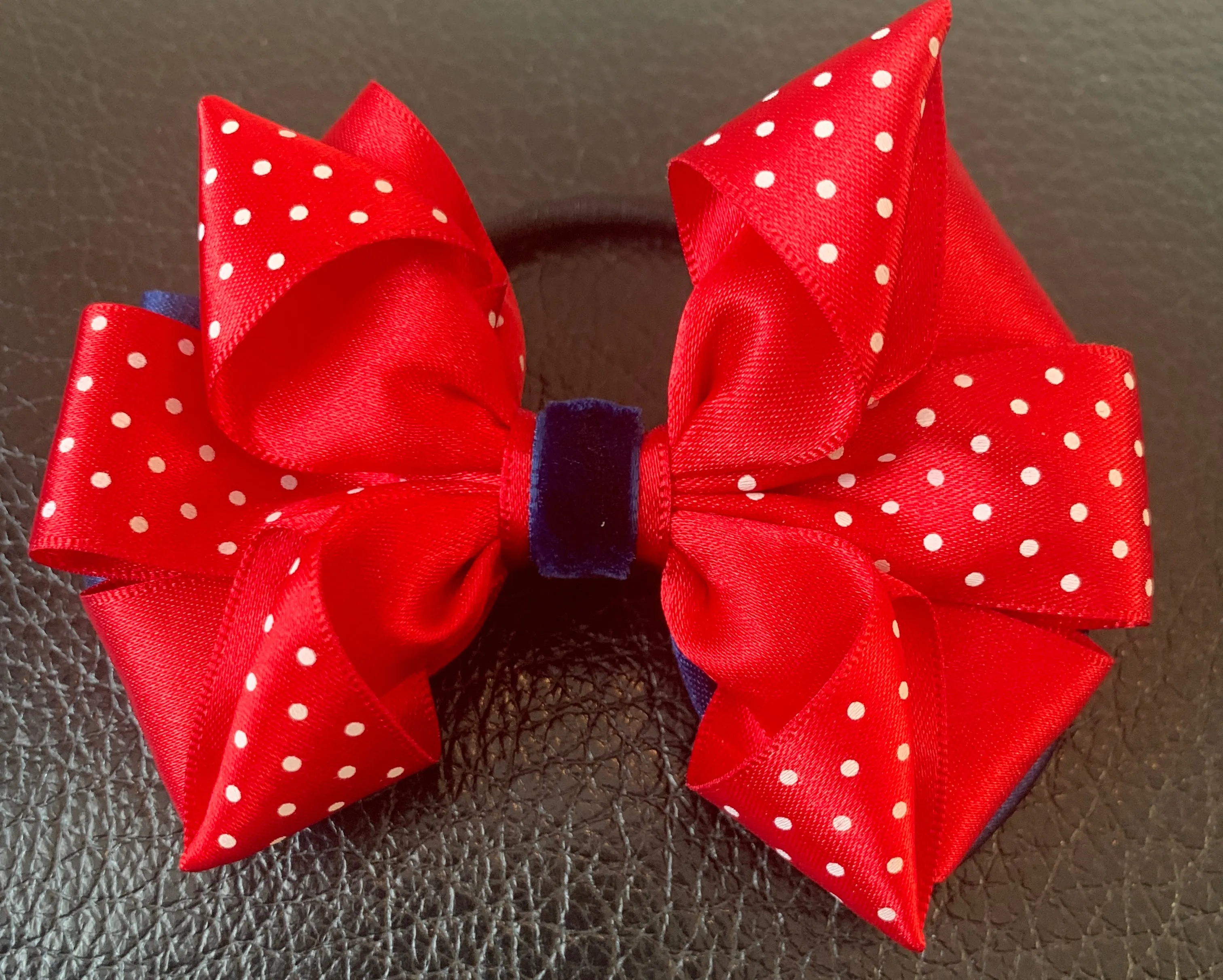 Luxury Bows: Red and navy satin flower design with polka dot & velvet centre