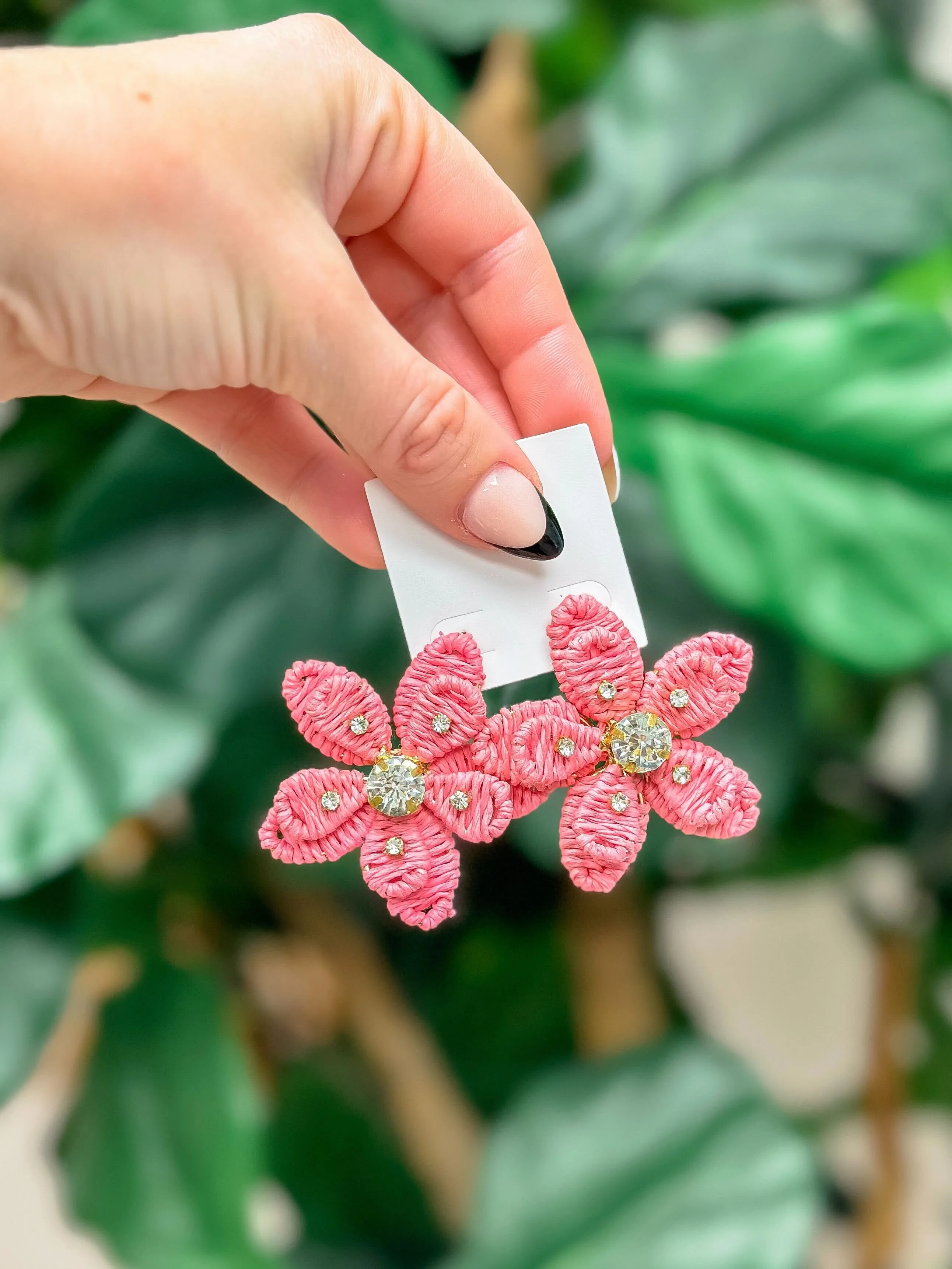 Rhinestone Raffia Flower Statement Earrings - Pink