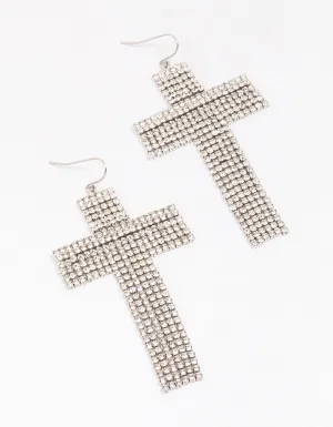 Rhodium Flowing Cross Drop Earrings