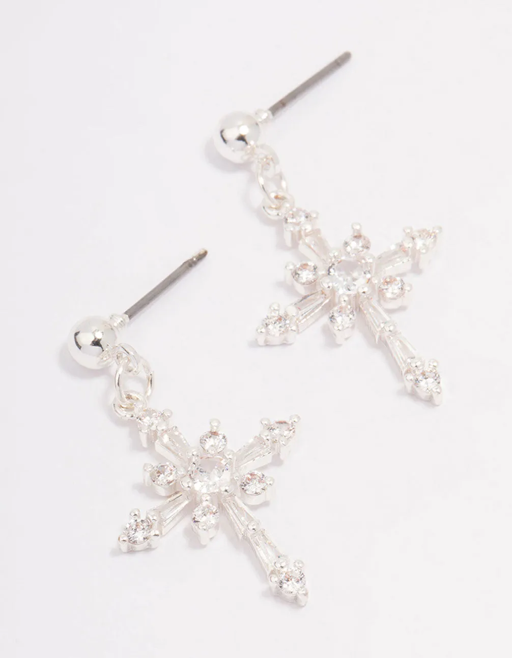 Silver Plated Cubic Zirconia Ornate Cross Drop Earrings