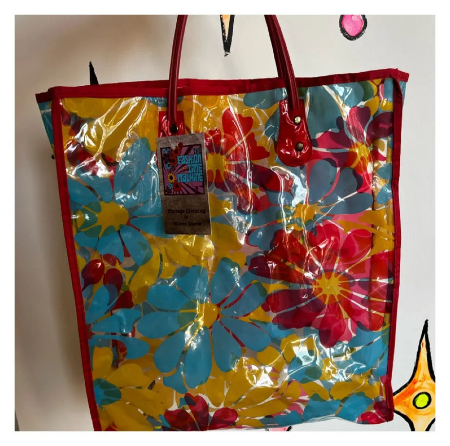 Vintage 1960's 60s | Mod Boho Hippie Clear Flower Power Vinyl Plastic Tote Bag