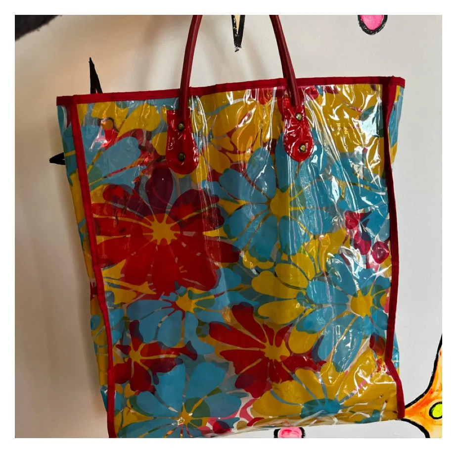 Vintage 1960's 60s | Mod Boho Hippie Clear Flower Power Vinyl Plastic Tote Bag