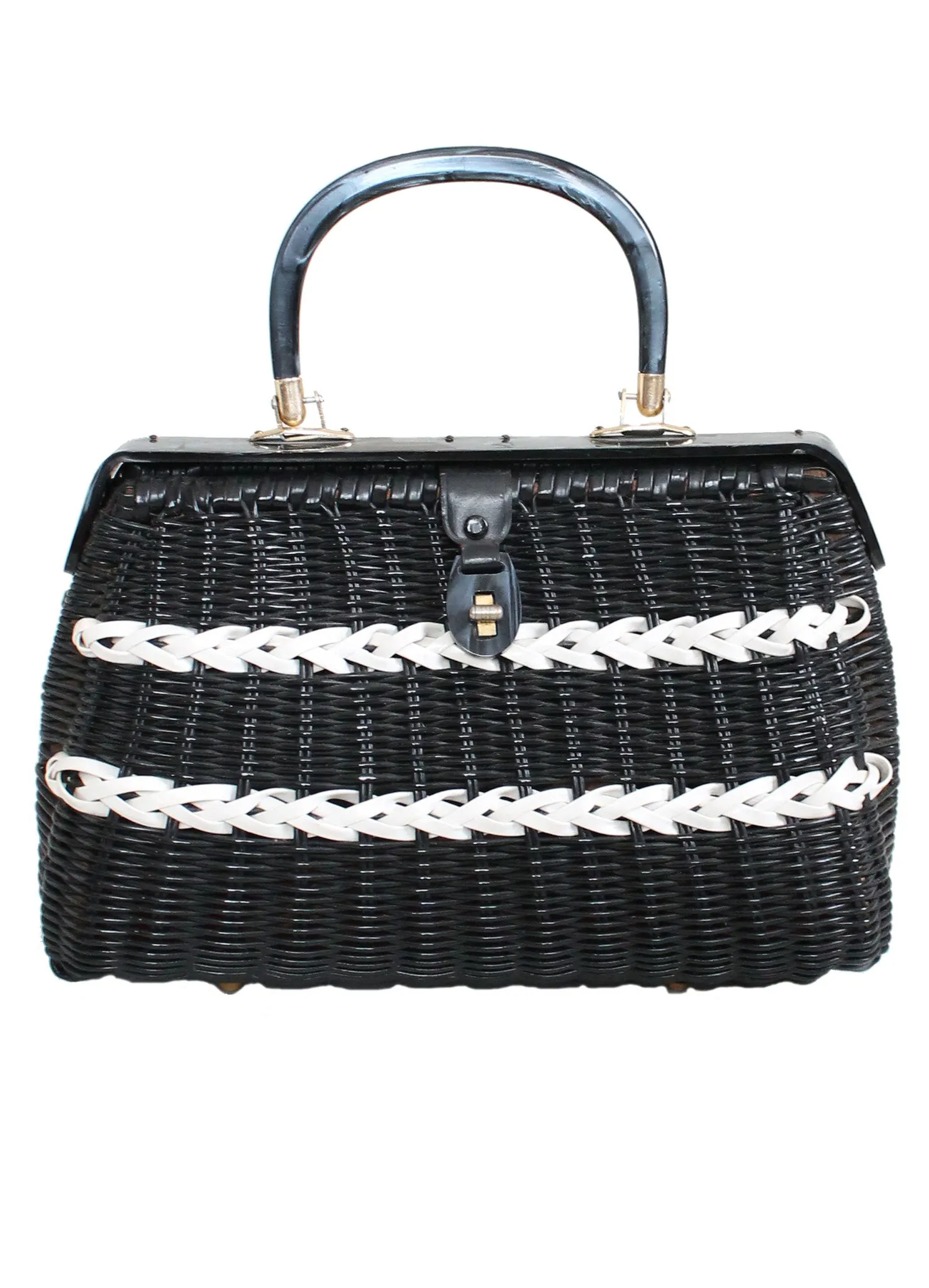 Vintage 1960s Black and White Wicker Purse