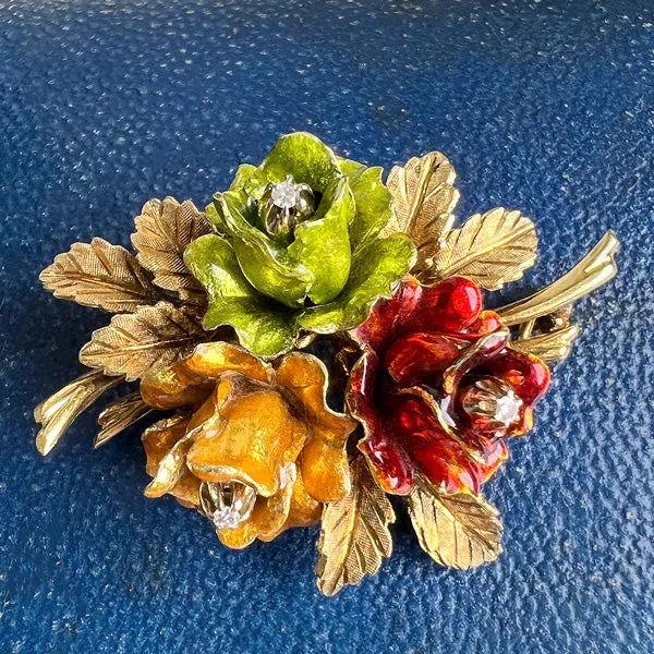 Vintage Enamel & Diamond Flower Brooch