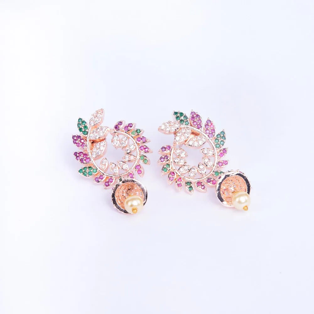 Whimsical Red-Green Symphony: Brass Rose Gold CZ Earrings