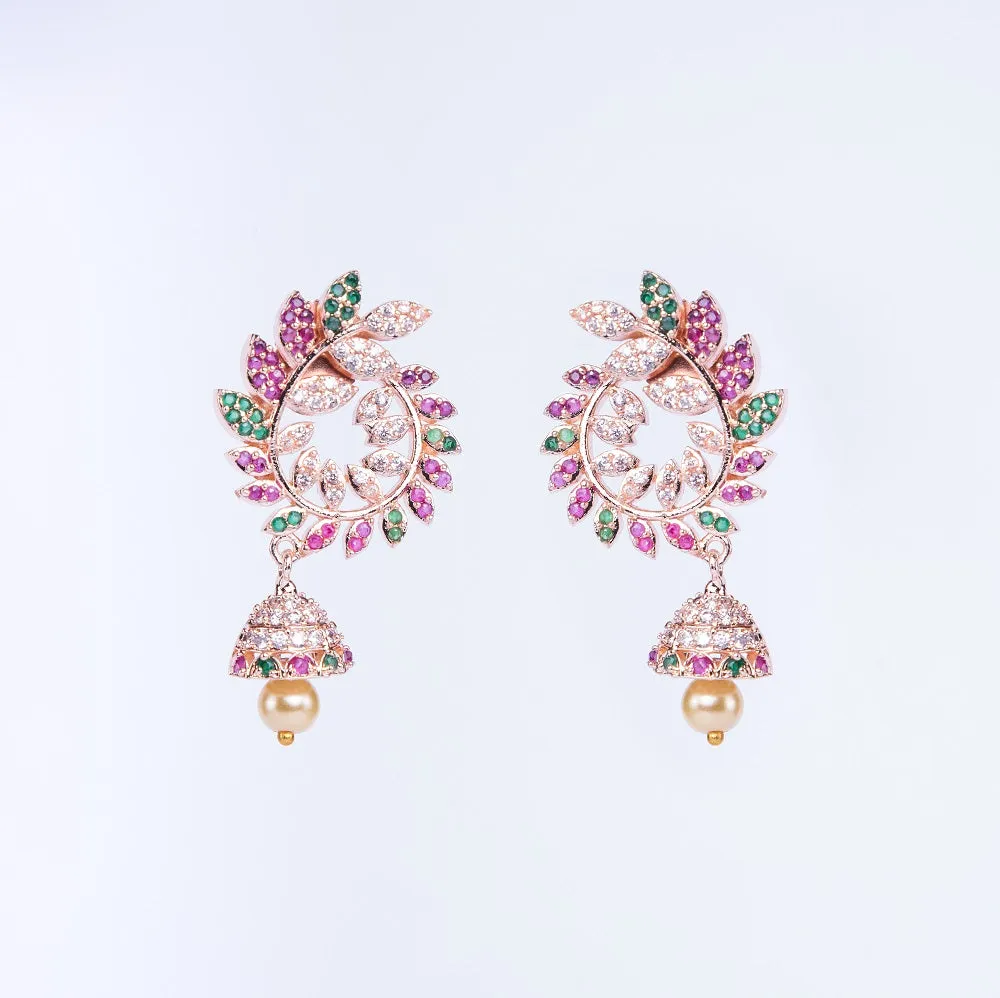 Whimsical Red-Green Symphony: Brass Rose Gold CZ Earrings