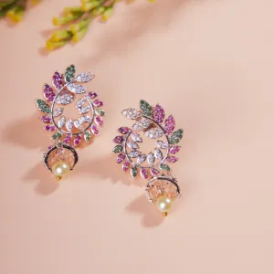 Whimsical Red-Green Symphony: Brass Rose Gold CZ Earrings