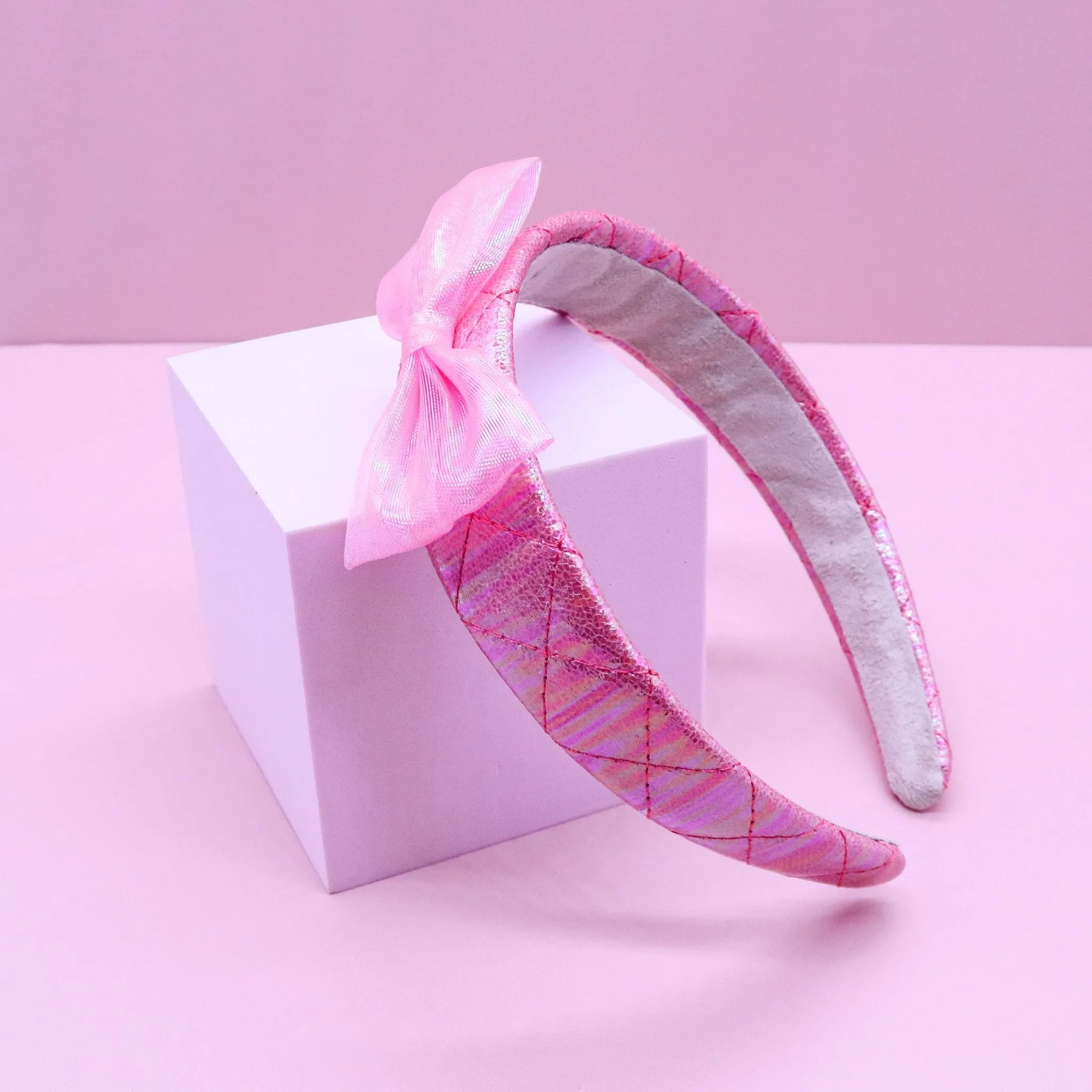 Wide Pink Iridescent Quilted Bow Headband