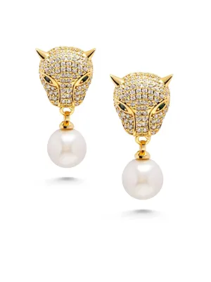 Women's Panther Earring with Pearl Drop