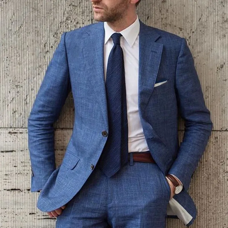 xiangtuibao New Arrival Design Blue Groom Male Suits Beach Linen Men Suit Slim Fit 2 Pieces Tuxedo Custom Blazer Jacket Pants